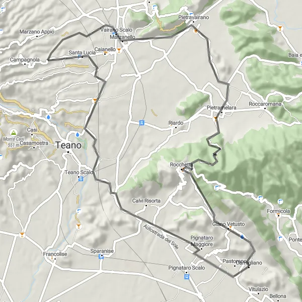 Miniatura della mappa di ispirazione al ciclismo "Avventura ciclistica tra Calvi Risorta e Camigliano" nella regione di Campania, Italy. Generata da Tarmacs.app, pianificatore di rotte ciclistiche