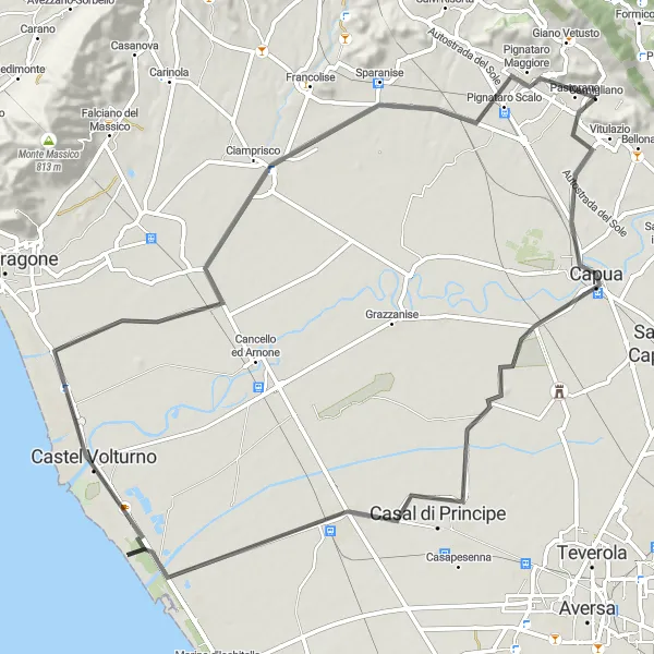 Map miniature of "Scenic Ride to Colle del Castellone and Pignataro Maggiore" cycling inspiration in Campania, Italy. Generated by Tarmacs.app cycling route planner