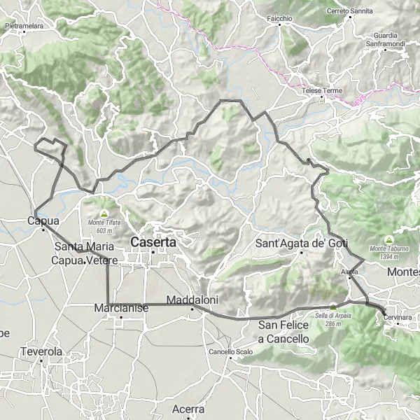 Miniatura della mappa di ispirazione al ciclismo "Esplorazione delle colline tra La Colla e Vitulazio" nella regione di Campania, Italy. Generata da Tarmacs.app, pianificatore di rotte ciclistiche