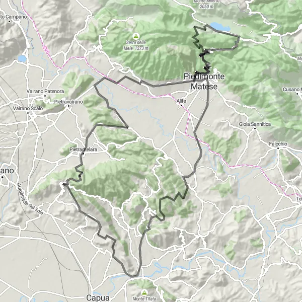 Miniatura della mappa di ispirazione al ciclismo "Giro in bicicletta panoramico da Camigliano" nella regione di Campania, Italy. Generata da Tarmacs.app, pianificatore di rotte ciclistiche