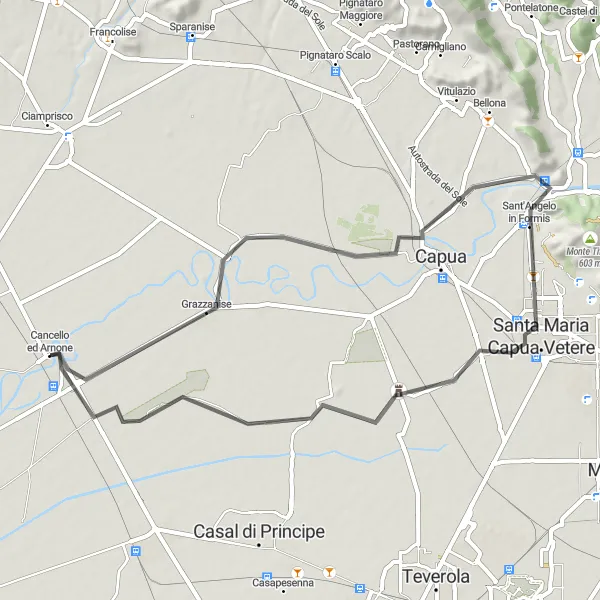 Map miniature of "Grazzanise to Reggia di Carditello Road Route" cycling inspiration in Campania, Italy. Generated by Tarmacs.app cycling route planner