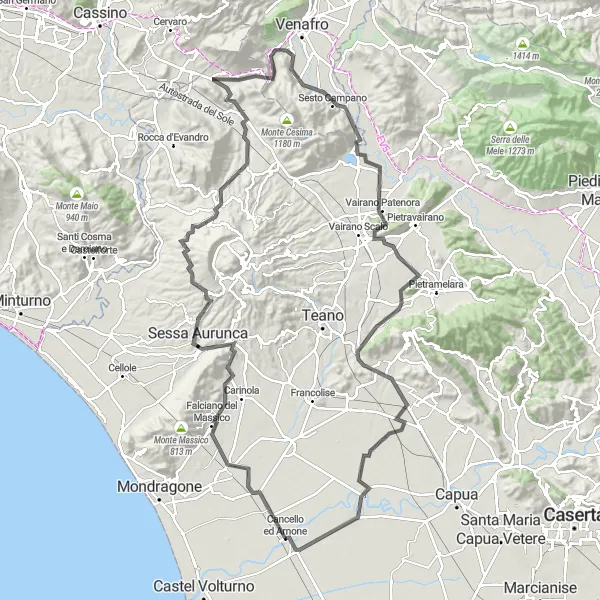 Map miniature of "Ancient Villages and Panoramic Views" cycling inspiration in Campania, Italy. Generated by Tarmacs.app cycling route planner