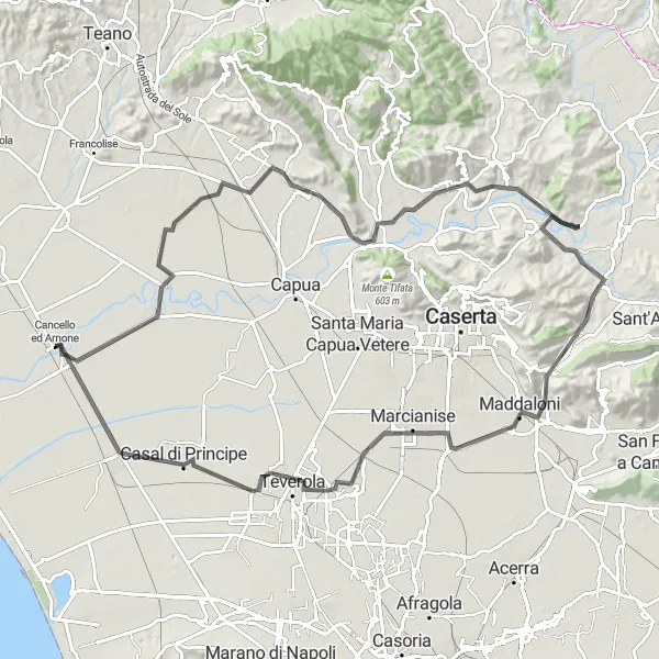 Map miniature of "Cancello-Arnone Loop" cycling inspiration in Campania, Italy. Generated by Tarmacs.app cycling route planner