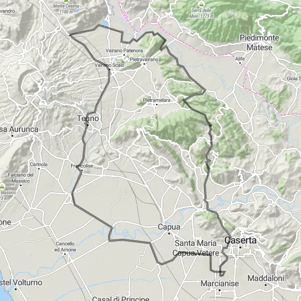 Map miniature of "Capodrise Santa Maria Capua Vetere Francolise Monte Etna Casagiove Capodrise" cycling inspiration in Campania, Italy. Generated by Tarmacs.app cycling route planner