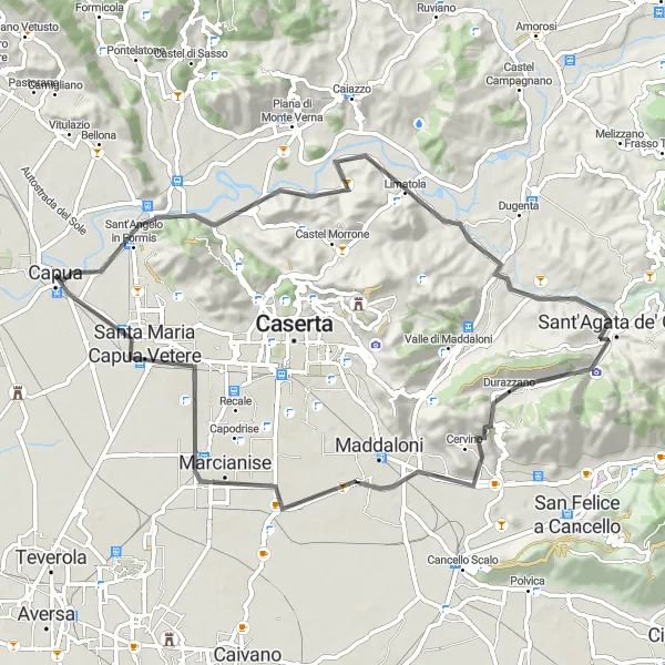 Miniatura della mappa di ispirazione al ciclismo "Giro in bicicletta da Capua a Sant'Agata de' Goti" nella regione di Campania, Italy. Generata da Tarmacs.app, pianificatore di rotte ciclistiche