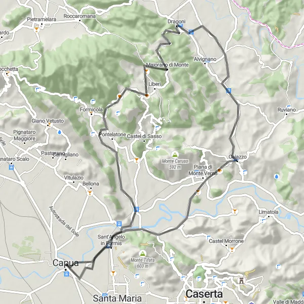 Miniatura della mappa di ispirazione al ciclismo "Esplorazione delle Colline Casertane" nella regione di Campania, Italy. Generata da Tarmacs.app, pianificatore di rotte ciclistiche