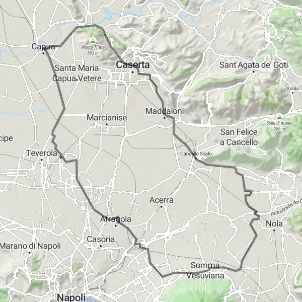 Miniatura della mappa di ispirazione al ciclismo "Tour ciclistico da Capua a Saviano attraverso Caserta e Afragola" nella regione di Campania, Italy. Generata da Tarmacs.app, pianificatore di rotte ciclistiche