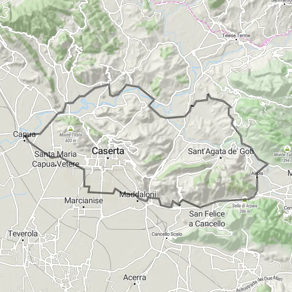 Miniatura della mappa di ispirazione al ciclismo "Sfida tra Colline e Montagne" nella regione di Campania, Italy. Generata da Tarmacs.app, pianificatore di rotte ciclistiche