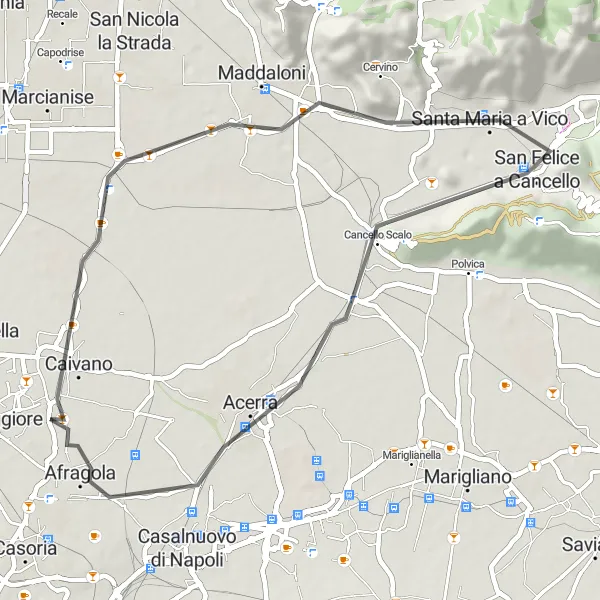 Miniatura della mappa di ispirazione al ciclismo "Tour di Cardito attraverso Caivano, Santa Maria a Vico, Acerra e Afragola" nella regione di Campania, Italy. Generata da Tarmacs.app, pianificatore di rotte ciclistiche