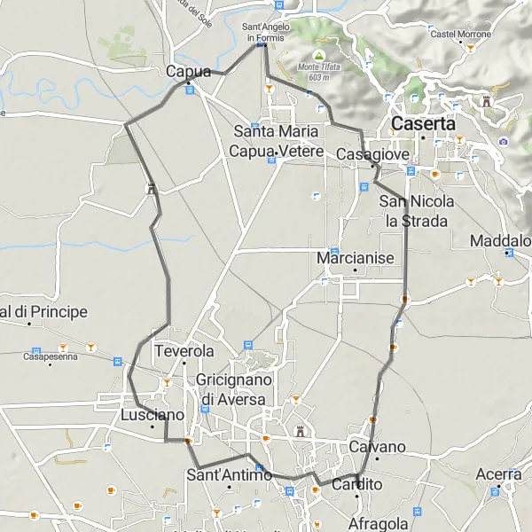 Miniatura della mappa di ispirazione al ciclismo "Giro in bici di 62 km da Cardito a Caivano" nella regione di Campania, Italy. Generata da Tarmacs.app, pianificatore di rotte ciclistiche