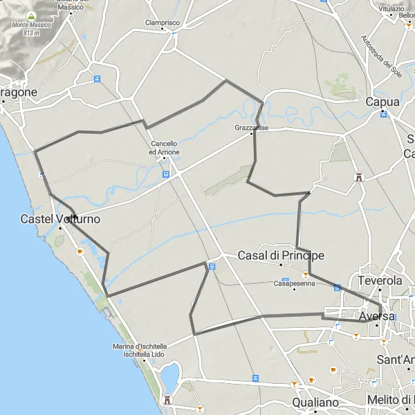 Map miniature of "Carinaro - Lusciano - Castel Volturno - Borgo Appio Cycling Route" cycling inspiration in Campania, Italy. Generated by Tarmacs.app cycling route planner