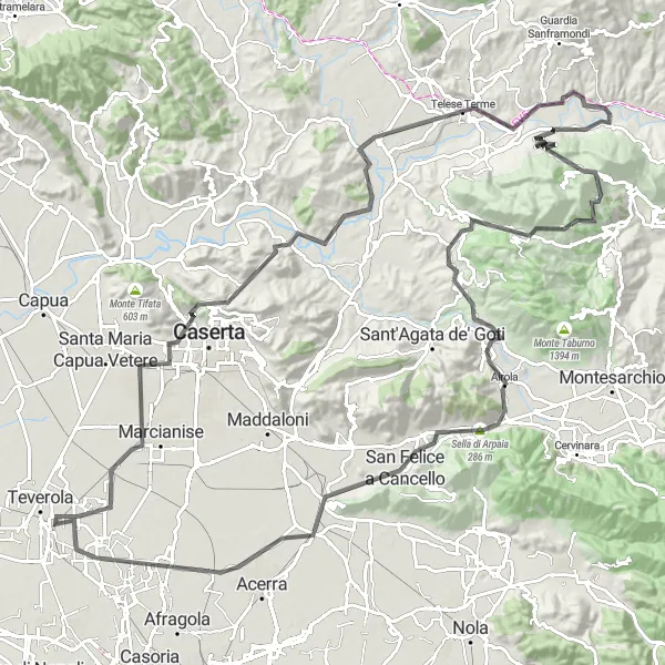 Miniatura della mappa di ispirazione al ciclismo "Tour panoramico tra Carinaro e Costa Faito" nella regione di Campania, Italy. Generata da Tarmacs.app, pianificatore di rotte ciclistiche