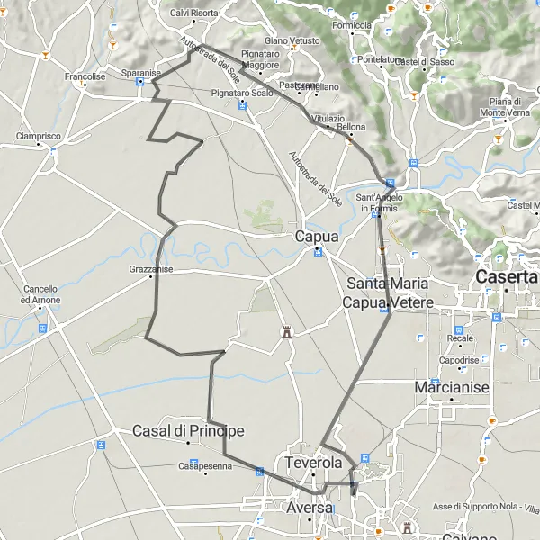 Miniatura della mappa di ispirazione al ciclismo "Tra Aversa e Santa Maria Capua Vetere in bici" nella regione di Campania, Italy. Generata da Tarmacs.app, pianificatore di rotte ciclistiche