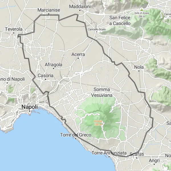 Miniatura della mappa di ispirazione al ciclismo "Escursione ciclistica attraverso le bellezze campane" nella regione di Campania, Italy. Generata da Tarmacs.app, pianificatore di rotte ciclistiche