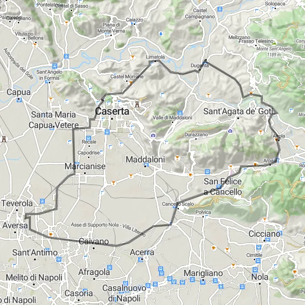 Miniatura della mappa di ispirazione al ciclismo "Attraverso la campagna campana: da Macerata a Caivano" nella regione di Campania, Italy. Generata da Tarmacs.app, pianificatore di rotte ciclistiche