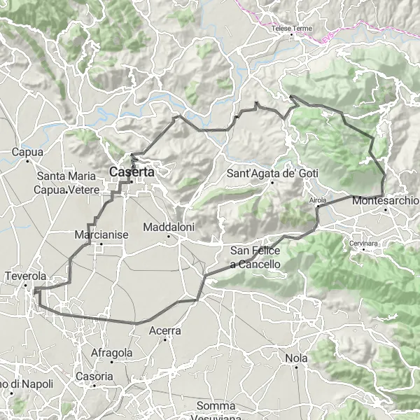 Map miniature of "Challenging Loop with Royal Palace of Caserta" cycling inspiration in Campania, Italy. Generated by Tarmacs.app cycling route planner