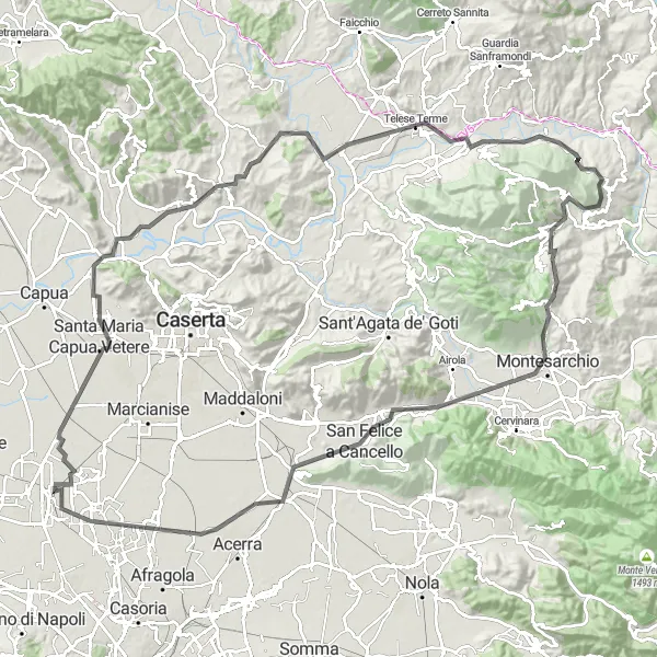 Map miniature of "Adventure in the Hills with Santa Maria Capua Vetere" cycling inspiration in Campania, Italy. Generated by Tarmacs.app cycling route planner
