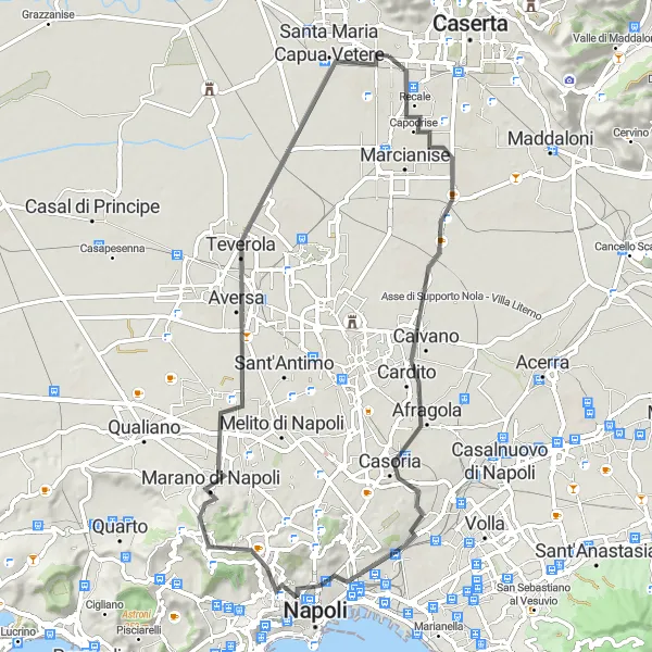 Miniatura della mappa di ispirazione al ciclismo "Giro in bicicletta da Casagiove attraverso Capodrise a Santa Maria Capua Vetere" nella regione di Campania, Italy. Generata da Tarmacs.app, pianificatore di rotte ciclistiche