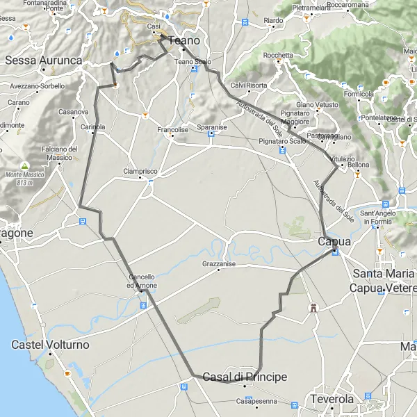 Miniatura della mappa di ispirazione al ciclismo "Tour in bicicletta tra Castel Volturno e Capua" nella regione di Campania, Italy. Generata da Tarmacs.app, pianificatore di rotte ciclistiche