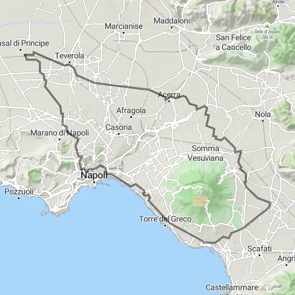 Map miniature of "Naples Coastal Ride" cycling inspiration in Campania, Italy. Generated by Tarmacs.app cycling route planner