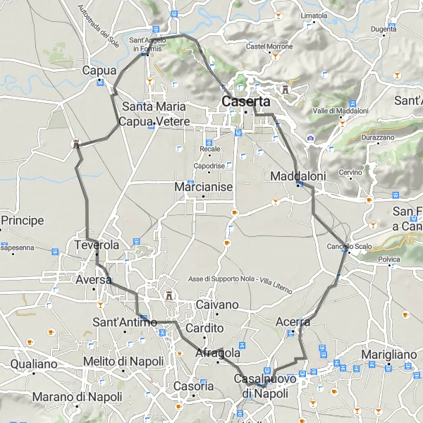 Miniatura della mappa di ispirazione al ciclismo "Giro attraverso le colline di Casalnuovo di Napoli" nella regione di Campania, Italy. Generata da Tarmacs.app, pianificatore di rotte ciclistiche