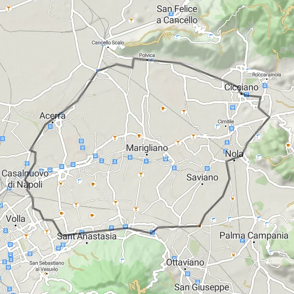 Miniatura della mappa di ispirazione al ciclismo "Giro in bicicletta di 53 km da Casalnuovo di Napoli ad Acerra" nella regione di Campania, Italy. Generata da Tarmacs.app, pianificatore di rotte ciclistiche