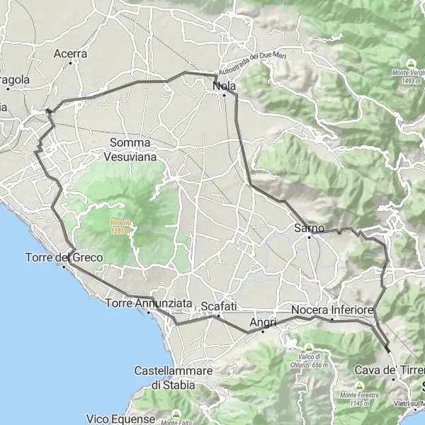 Miniatura della mappa di ispirazione al ciclismo "Avventura ciclistica di 105 km attraverso Palma Campania e Angri" nella regione di Campania, Italy. Generata da Tarmacs.app, pianificatore di rotte ciclistiche