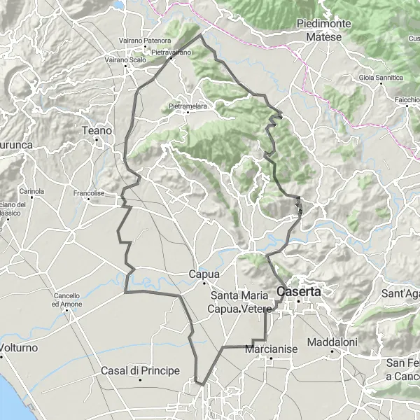 Miniatura della mappa di ispirazione al ciclismo "Esplora i tesori di Grazzanise in bici" nella regione di Campania, Italy. Generata da Tarmacs.app, pianificatore di rotte ciclistiche