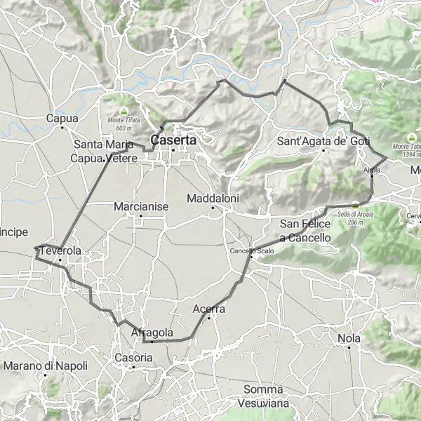 Map miniature of "Casaluce to Teverola: Exploring the Path of Ancient Settlements" cycling inspiration in Campania, Italy. Generated by Tarmacs.app cycling route planner