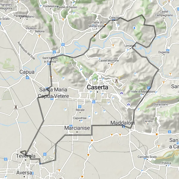 Map miniature of "Casaluce - San Tammaro - Monte Monticello - Piana di Monte Verna - Limatola - Monte Castello - Maddaloni - Marcianise - Teverola - Casaluce" cycling inspiration in Campania, Italy. Generated by Tarmacs.app cycling route planner