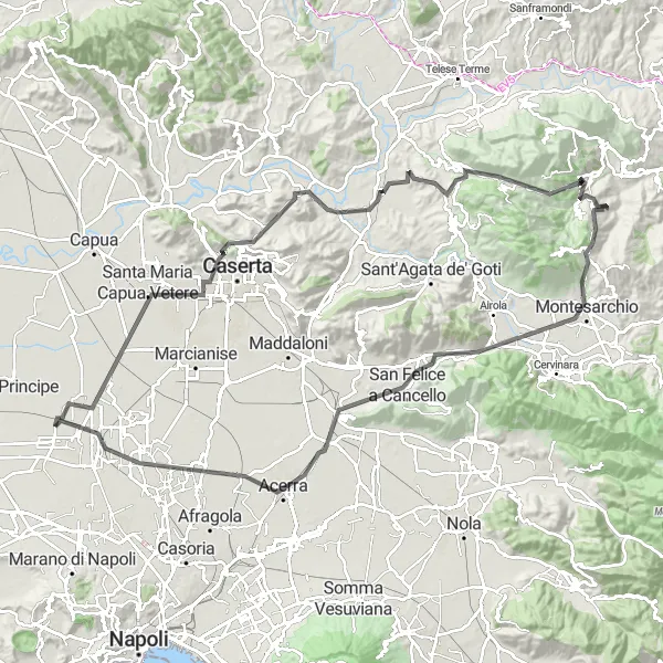 Map miniature of "Casaluce - Teverola - Macerata Campania - Belvedere Oasi Bosco di San Silvestro - Dugenta - Nido - Costa Piana - Campoli del Monte Taburno - Sella di Arpaia - Arienzo - Acerra - Aversa - Casaluce" cycling inspiration in Campania, Italy. Generated by Tarmacs.app cycling route planner