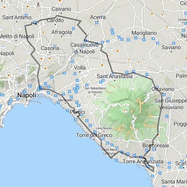Miniatura della mappa di ispirazione al ciclismo "Avventuroso tour in bici da Casandrino a Torre del Greco" nella regione di Campania, Italy. Generata da Tarmacs.app, pianificatore di rotte ciclistiche