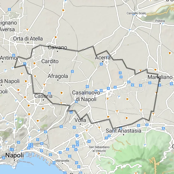 Miniatura della mappa di ispirazione al ciclismo "Giro in Bici attraverso Casandrino" nella regione di Campania, Italy. Generata da Tarmacs.app, pianificatore di rotte ciclistiche