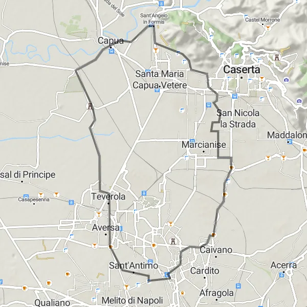 Miniatura della mappa di ispirazione al ciclismo "Giro in bicicletta da Casandrino a Aversa e Capua" nella regione di Campania, Italy. Generata da Tarmacs.app, pianificatore di rotte ciclistiche