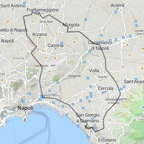 Miniatura della mappa di ispirazione al ciclismo "Giro in bici tra Casandrino e Portici" nella regione di Campania, Italy. Generata da Tarmacs.app, pianificatore di rotte ciclistiche