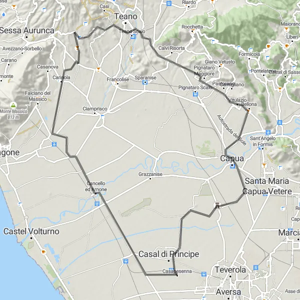 Map miniature of "Cancello ed Arnone to San Cipriano d'Aversa Loop" cycling inspiration in Campania, Italy. Generated by Tarmacs.app cycling route planner