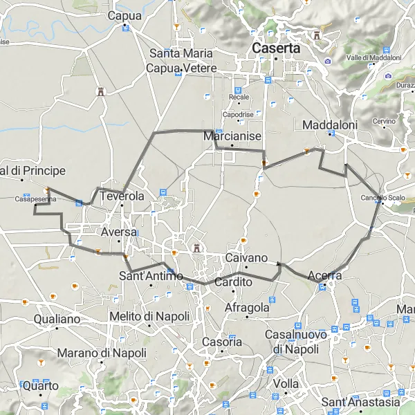 Map miniature of "Teverola-Lusciano Loop" cycling inspiration in Campania, Italy. Generated by Tarmacs.app cycling route planner