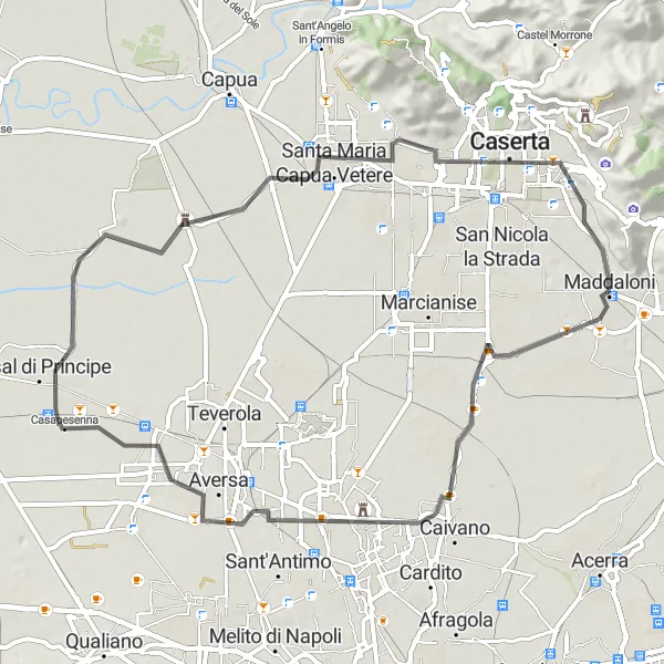 Miniatura della mappa di ispirazione al ciclismo "Giro in Bicicletta da Casal di Principe ad Aversa" nella regione di Campania, Italy. Generata da Tarmacs.app, pianificatore di rotte ciclistiche