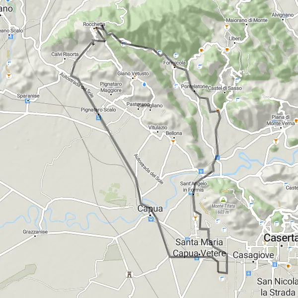 Miniatura della mappa di ispirazione al ciclismo "Giro in Bicicletta da Casapulla" nella regione di Campania, Italy. Generata da Tarmacs.app, pianificatore di rotte ciclistiche