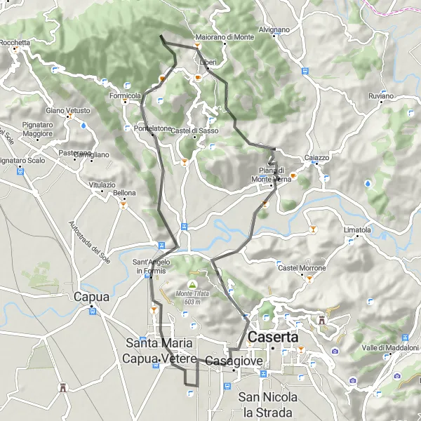 Map miniature of "Casapulla to Santa Maria Capua Vetere and Monte Monticello Loop" cycling inspiration in Campania, Italy. Generated by Tarmacs.app cycling route planner