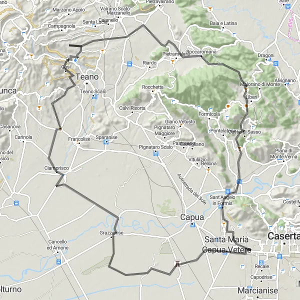 Map miniature of "Casapulla to Macerata Campania and Liberi Loop" cycling inspiration in Campania, Italy. Generated by Tarmacs.app cycling route planner