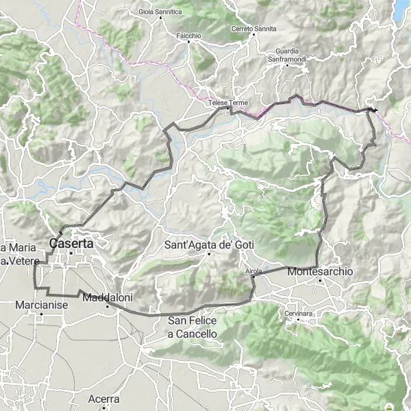 Miniatura della mappa di ispirazione al ciclismo "Avventura ciclistica tra Monte Montagnanello e Sella di Arpaia" nella regione di Campania, Italy. Generata da Tarmacs.app, pianificatore di rotte ciclistiche