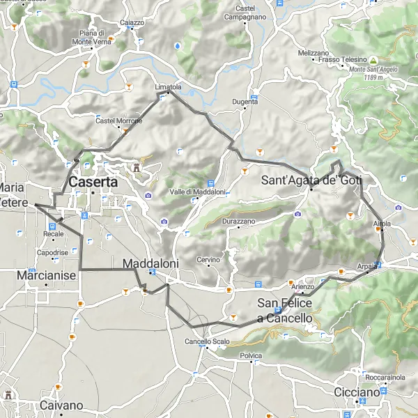 Miniatura della mappa di ispirazione al ciclismo "Giro in bicicletta di 72 km a Casagiove" nella regione di Campania, Italy. Generata da Tarmacs.app, pianificatore di rotte ciclistiche