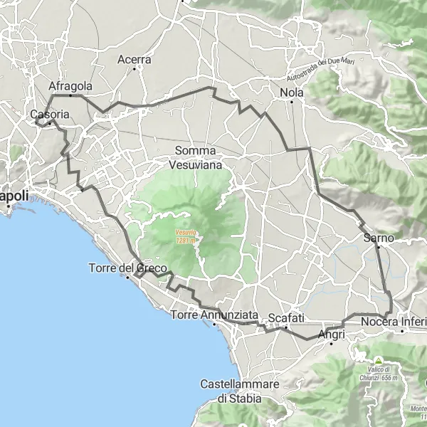 Miniatura della mappa di ispirazione al ciclismo "Tour ciclistico da Casoria a Torre del Greco" nella regione di Campania, Italy. Generata da Tarmacs.app, pianificatore di rotte ciclistiche