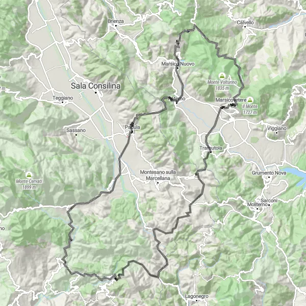 Miniatura della mappa di ispirazione al ciclismo "Esplorazione in bici tra le colline di Campania" nella regione di Campania, Italy. Generata da Tarmacs.app, pianificatore di rotte ciclistiche
