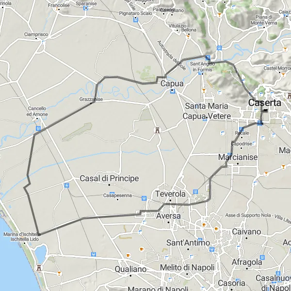 Miniatura della mappa di ispirazione al ciclismo "Giro panoramico da Marcianise a San Leucio" nella regione di Campania, Italy. Generata da Tarmacs.app, pianificatore di rotte ciclistiche