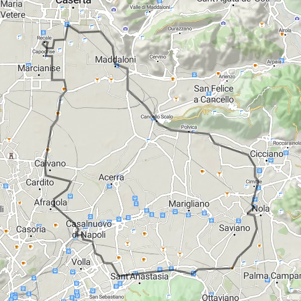 Miniatura della mappa di ispirazione al ciclismo "Tour in bici tra Maddaloni e Capodrise" nella regione di Campania, Italy. Generata da Tarmacs.app, pianificatore di rotte ciclistiche