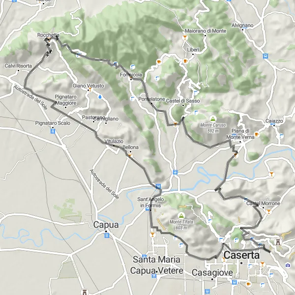 Miniatura della mappa di ispirazione al ciclismo "Tour panoramico da Caserta a Castel Morrone" nella regione di Campania, Italy. Generata da Tarmacs.app, pianificatore di rotte ciclistiche