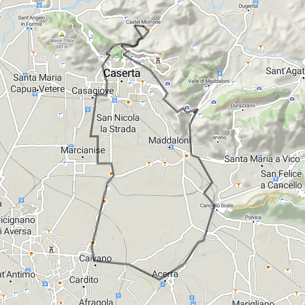 Map miniature of "Scenic Route through Casertavecchia" cycling inspiration in Campania, Italy. Generated by Tarmacs.app cycling route planner
