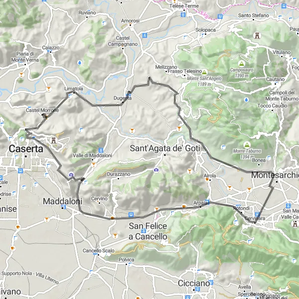 Miniatura della mappa di ispirazione al ciclismo "Giro in bicicletta tra Castel Morrone e Monte Montagnanello" nella regione di Campania, Italy. Generata da Tarmacs.app, pianificatore di rotte ciclistiche